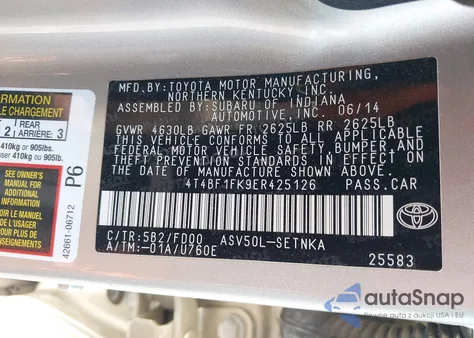 2014 Toyota Camry Le из США, поврежденный, VIN 4T4BF1FK9ER425126